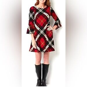 NWT Jessica Howard 3/4 Bell Sleeve Plaid Tartan Shift Dress w/ Pockets, Size XL